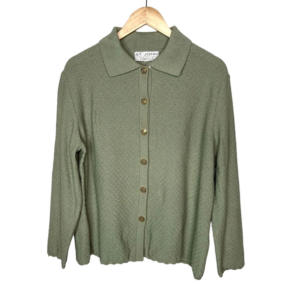St. John Woman's 12 Santana Knit $990 Wool Cardigan Sweater Button Up Sage Green - Picture 2 of 7